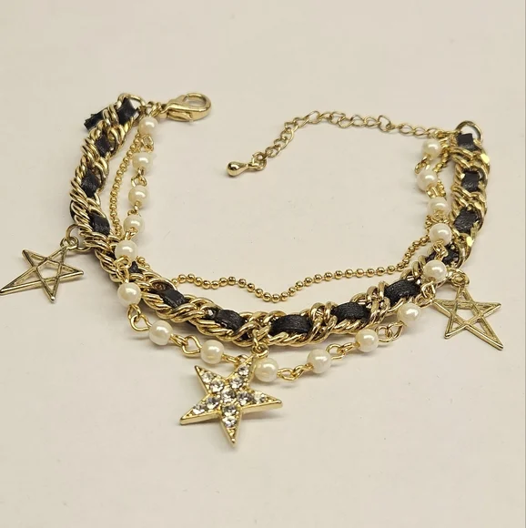 Goldtone Triple Strand Star Charm Bracelet - Picture 5 of 7